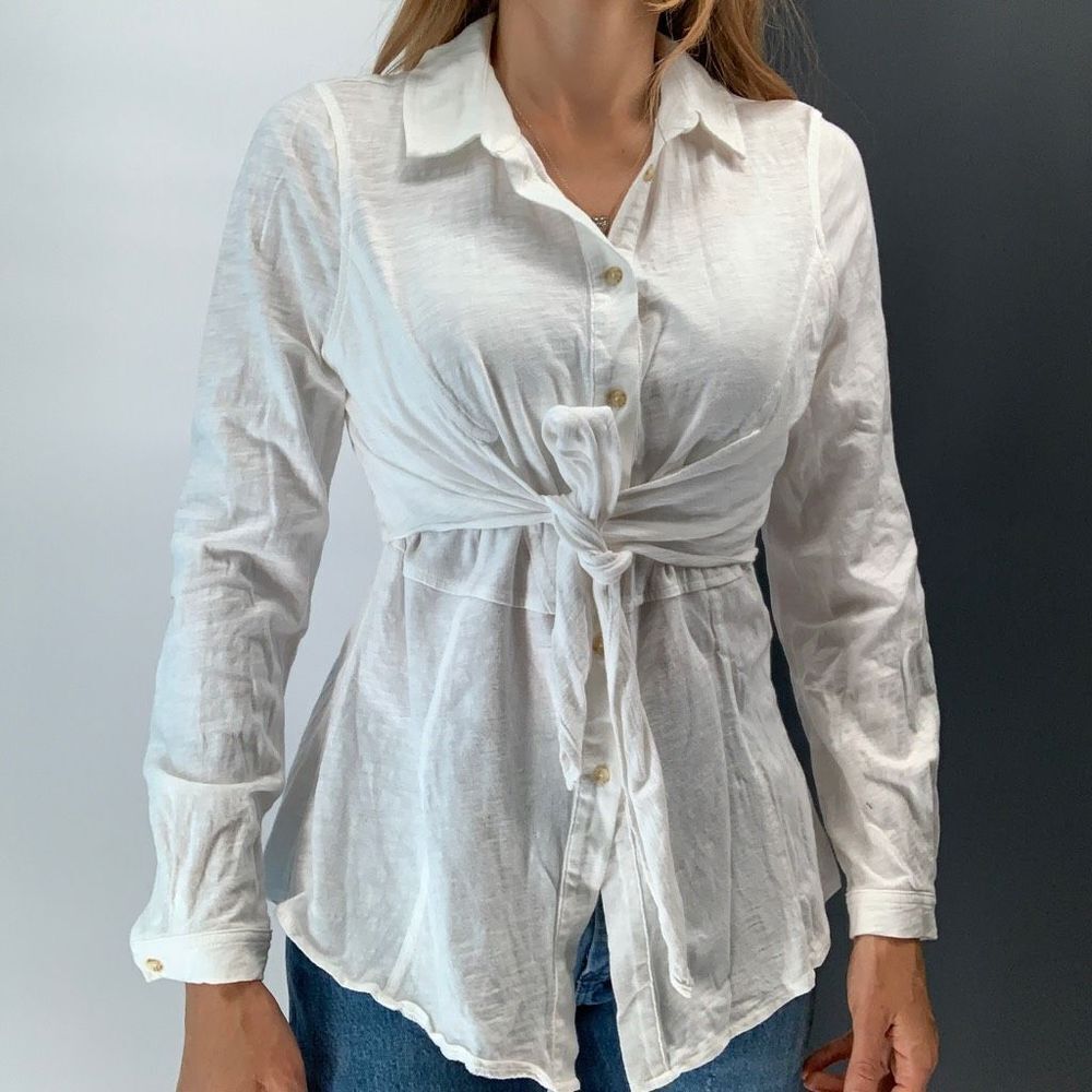 MAEVE  Anthropologie solid white fitted long sleeve blouse top shirt cotton xs
